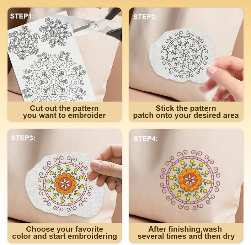 DOODLREAM 18Pcs Mandala Flower Water Soluble Hand Sewing Stabilizers, 8.3"x11.7" Snowflake Mandala Embroidery Pattern Stabilizer, 4 Sheets Stick and Stitch Embroidery Paper Sticker - Image 4